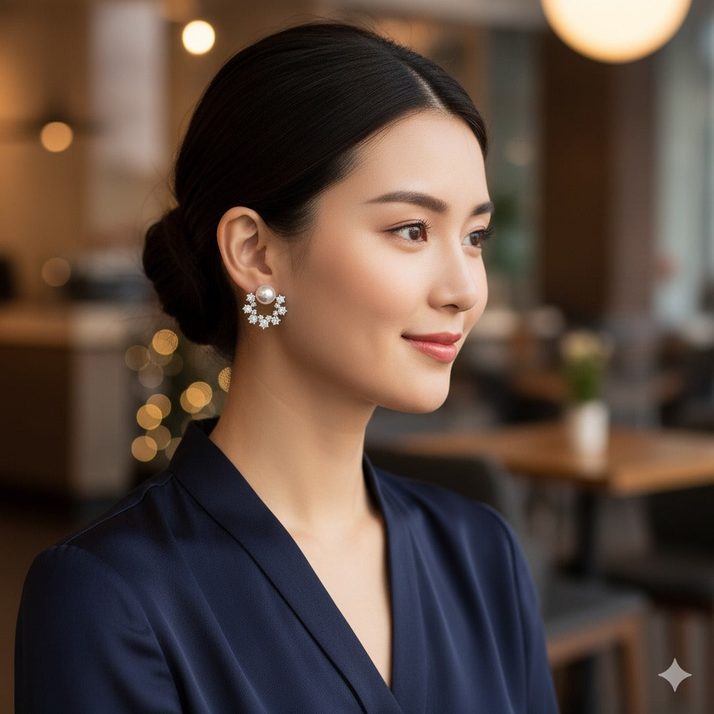 Elegant Pearl & Zircon Floral Stud Earring