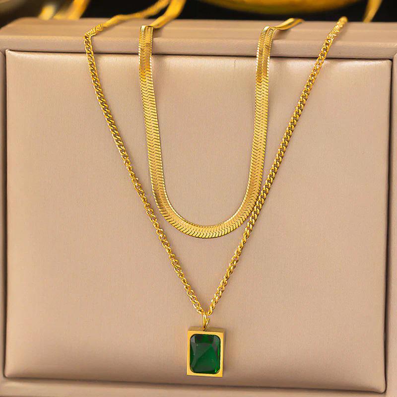 Gold-Plated Anti Tarnish Green Emerald Geometric Layered Necklace