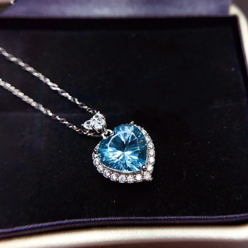 Sparkling Blue Heart-Cut Crystal Pendant Necklace with Silver Chain