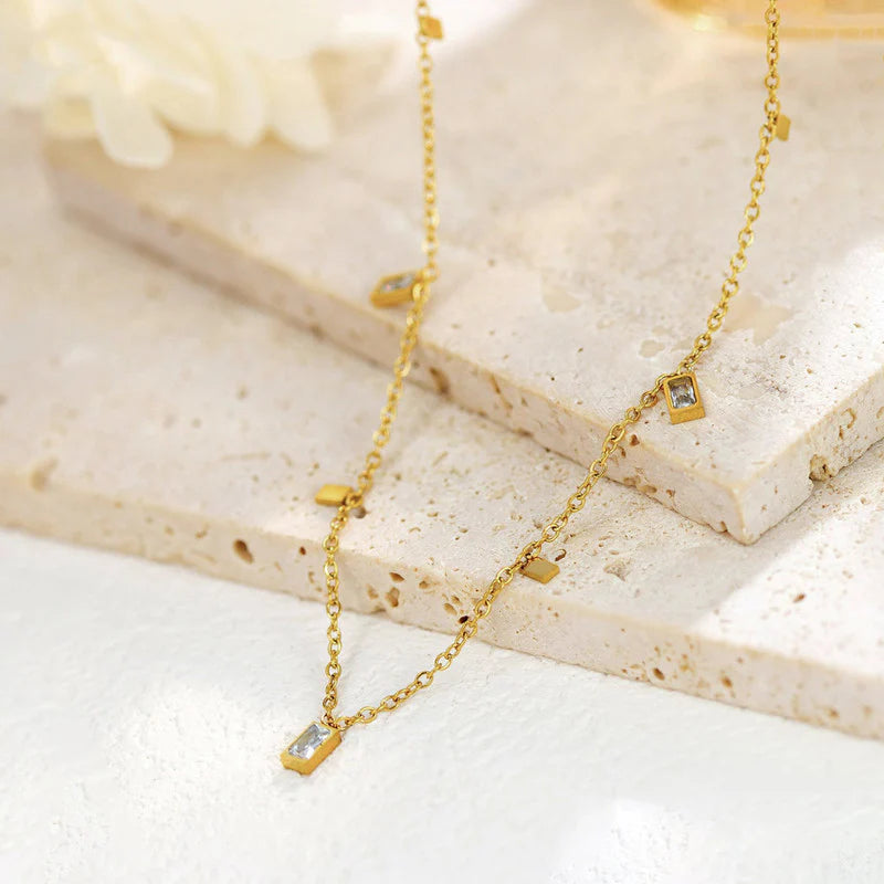 Minimalist Gold-Plated Charm Necklace with Rectangular Crystal Accents