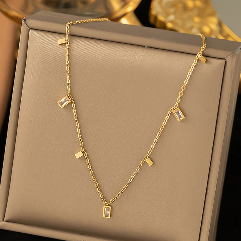Minimalist Gold-Plated Charm Necklace with Rectangular Crystal Accents