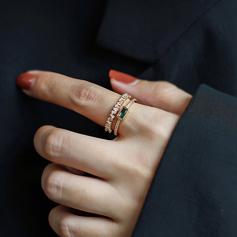 Gold Plated Stainless Steel Anti Tarnish Green Emerald Studded Adjustable Finger Ring