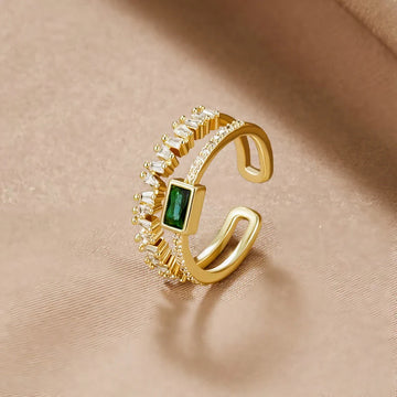 Gold Plated Stainless Steel Anti Tarnish Green Emerald Studded Adjustable Finger Ring