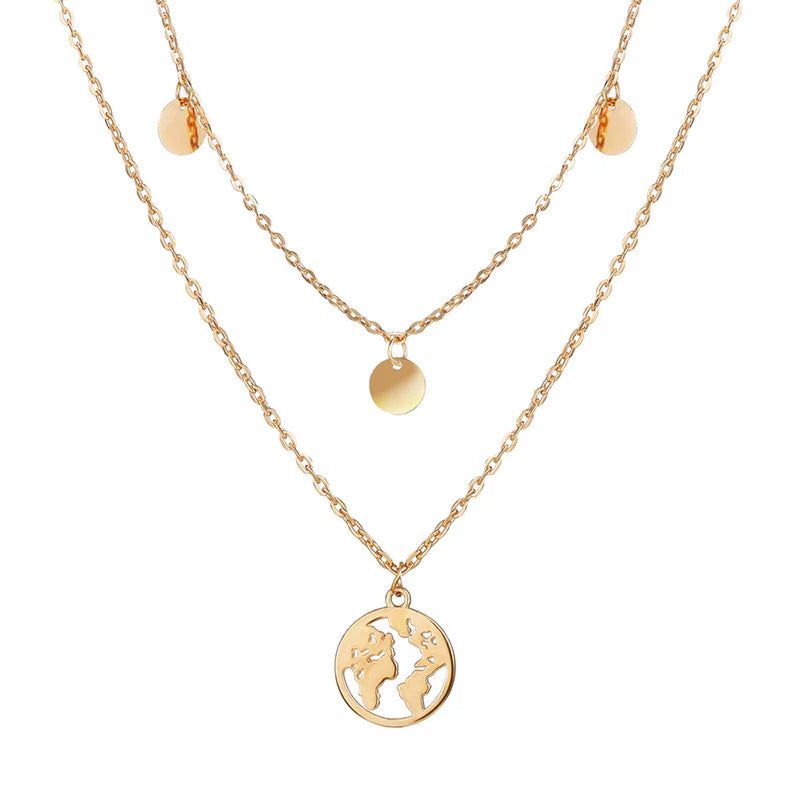 Gold World Map Layered Necklace