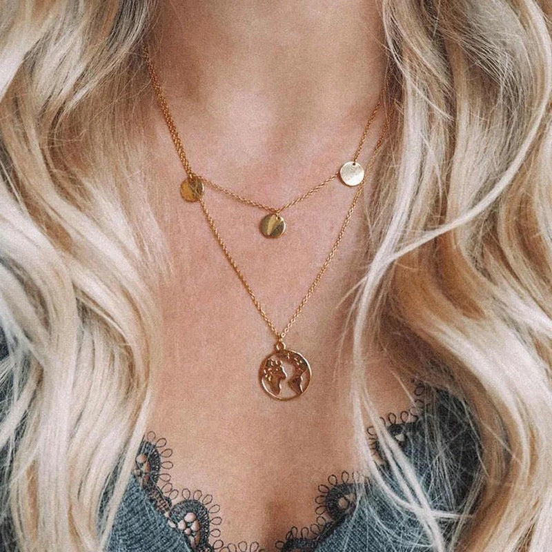 Gold World Map Layered Necklace