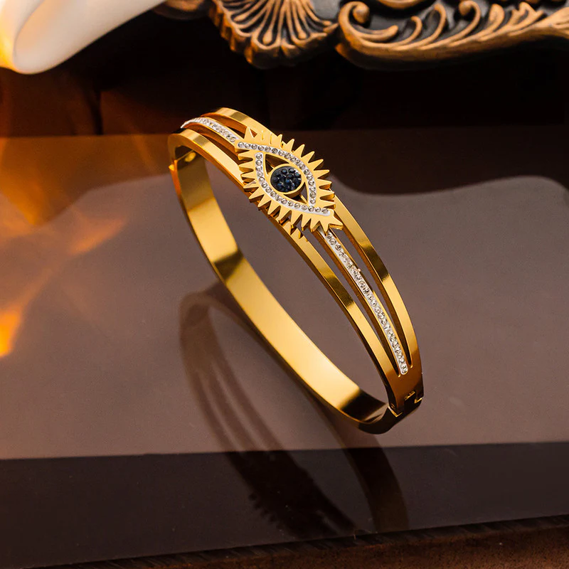Stainless Steel Gold Plated American Diamond Studded Evil Eye Anti-Tarnish Bracelet