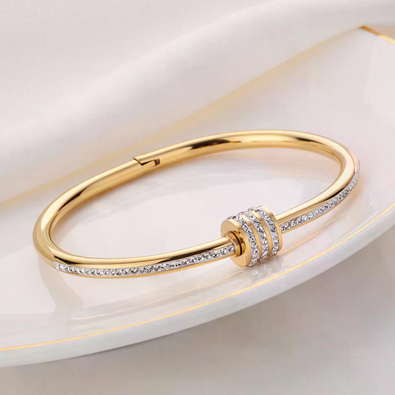 Stainless Steel Gold Plated American Diamond Studded Bangle Style Anti-Tarnish Bracelet