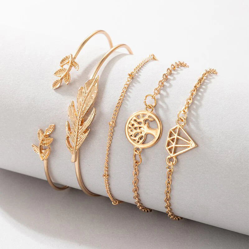Gold Leaf & Charm Bracelet Set of 5
