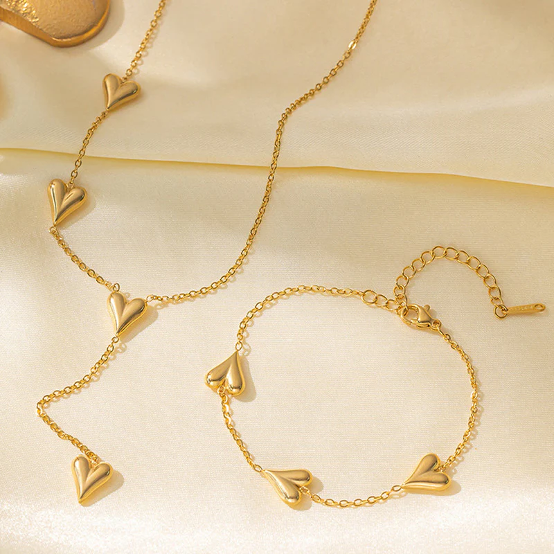 Elegant 18K Gold-Plated Heart Charm Necklace & Bracelet Set