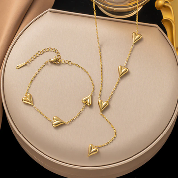 Elegant 18K Gold-Plated Heart Charm Necklace & Bracelet Set