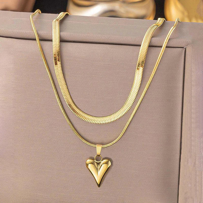 Elegant Double-Layer Gold Necklace with Heart Pendant