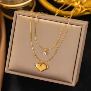 Elegant Double-Layer Heart & Crystal Pendant Necklace – 18K Gold-Plated