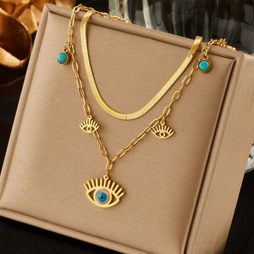 Gold-Plated Anti-Tarnish Dual Strand Evil Eye Necklace