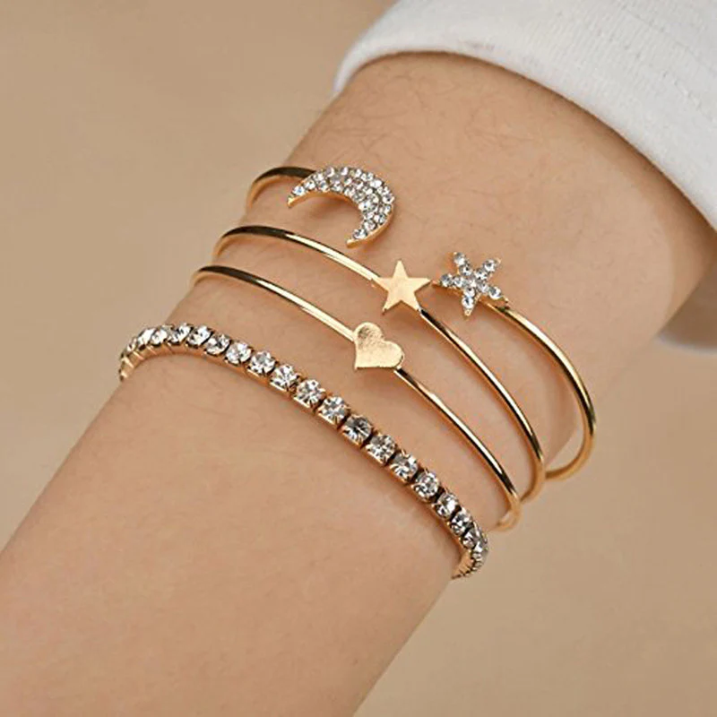 Gold-Plated Anti-Tarnish Celestial Charm Open Bangle Bracelet Set – Moon, Star & Heart Design