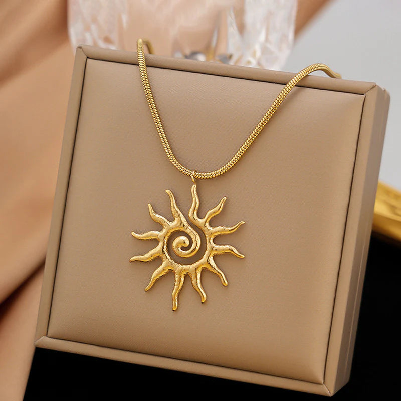 Gold Textured Sun Pendant Necklace
