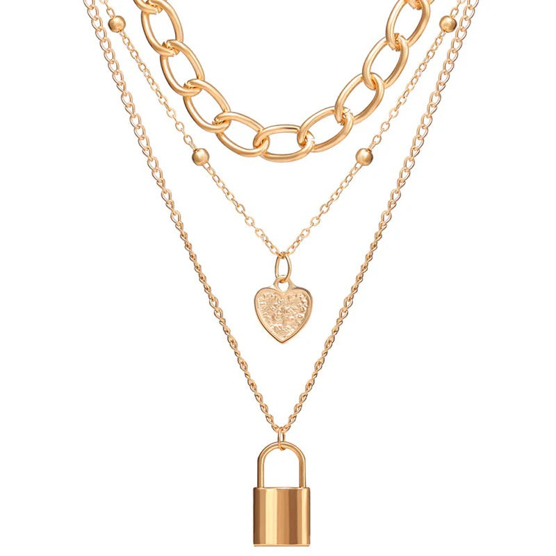 Golden Heart & Lock Layered Necklace