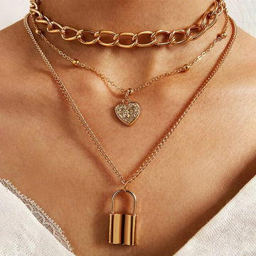 Golden Heart & Lock Layered Necklace