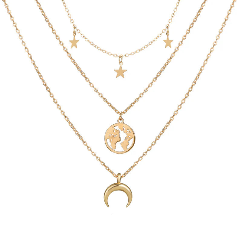 Celestial World Layered Necklace – Gold Moon, Earth & Star Pendant Chain