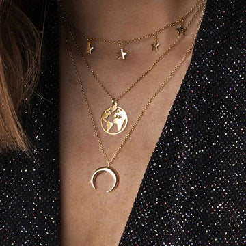 Celestial World Layered Necklace – Gold Moon, Earth & Star Pendant Chain