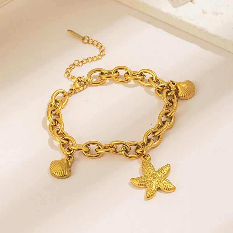 Golden Sea Charm Bracelet – Starfish & Shell Link Chain