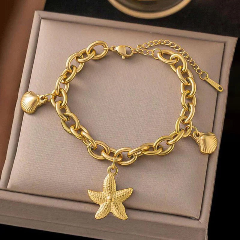 Golden Sea Charm Bracelet – Starfish & Shell Link Chain