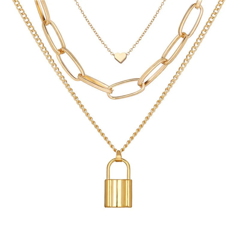 Anti Tarnish Gold Lock Layered Necklace