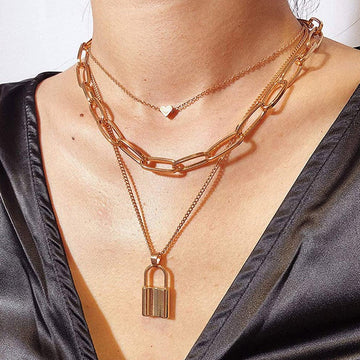 Anti Tarnish Gold Lock Layered Necklace