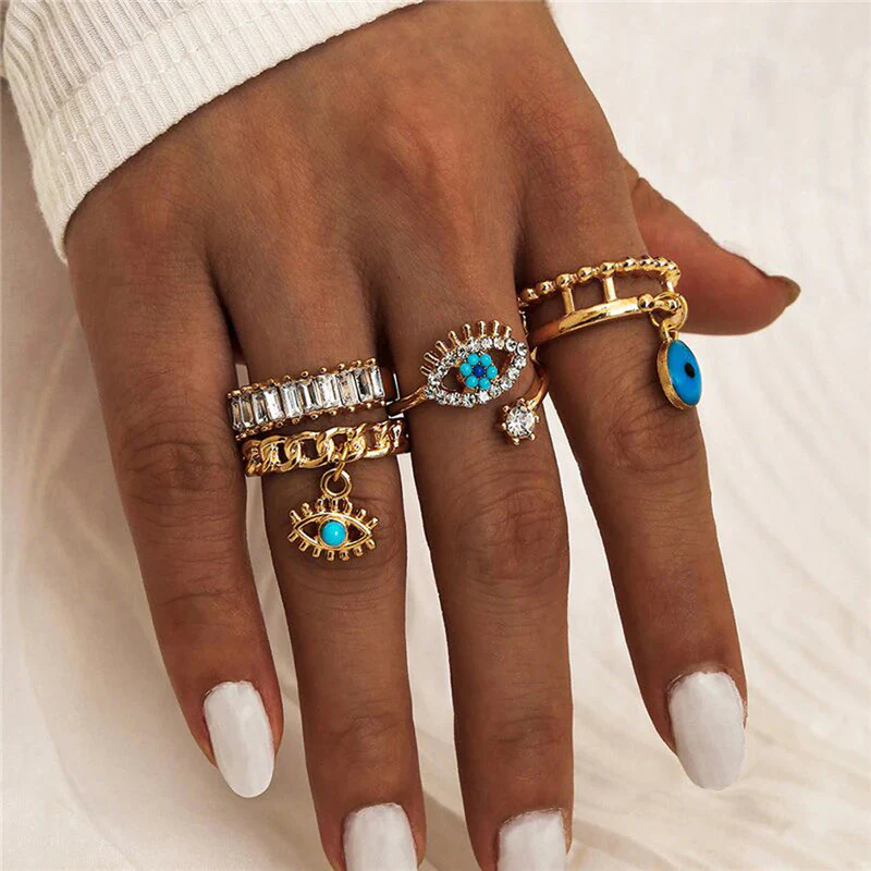 Turquoise Evil Eye Anti-Tarnish Gold Stacking Ring Set (5-Piece)