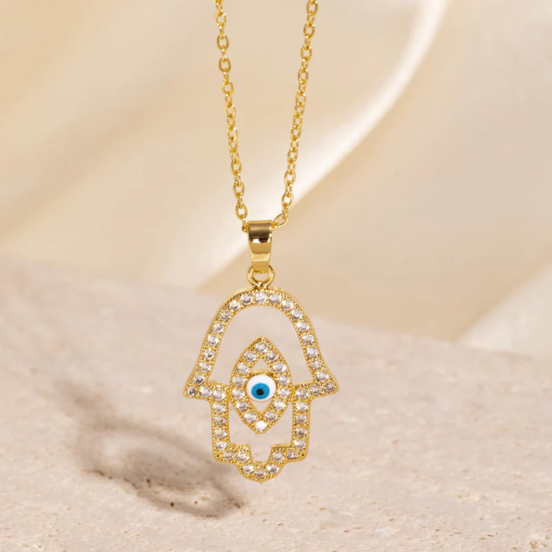 Sparkling Hamsa Evil Eye Anti-Tarnish Gold Pendant Necklace