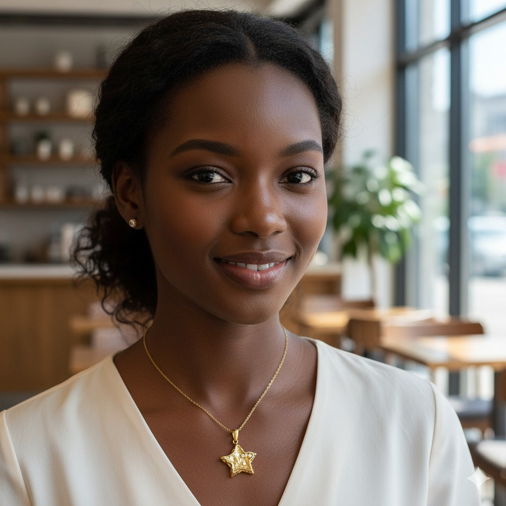 Gold Star Pendant Necklace with Pearls – Textured 18K Gold-Plated Chain