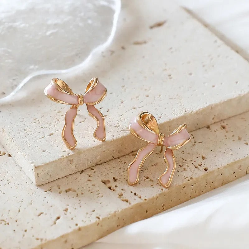 Blush Pink Enamel Bow Stud Earring