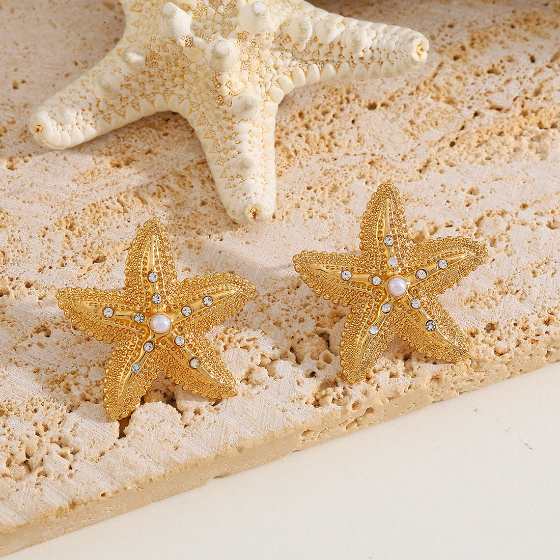 Gold Starfish Statement Earring with Pearl & Crystal Accents