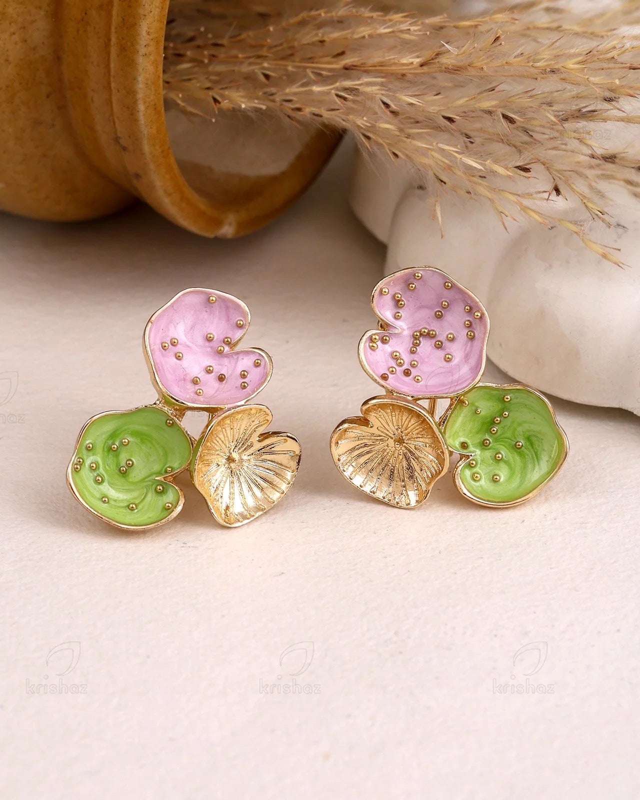Tri-Tone Lotus Leaf Stud Earring