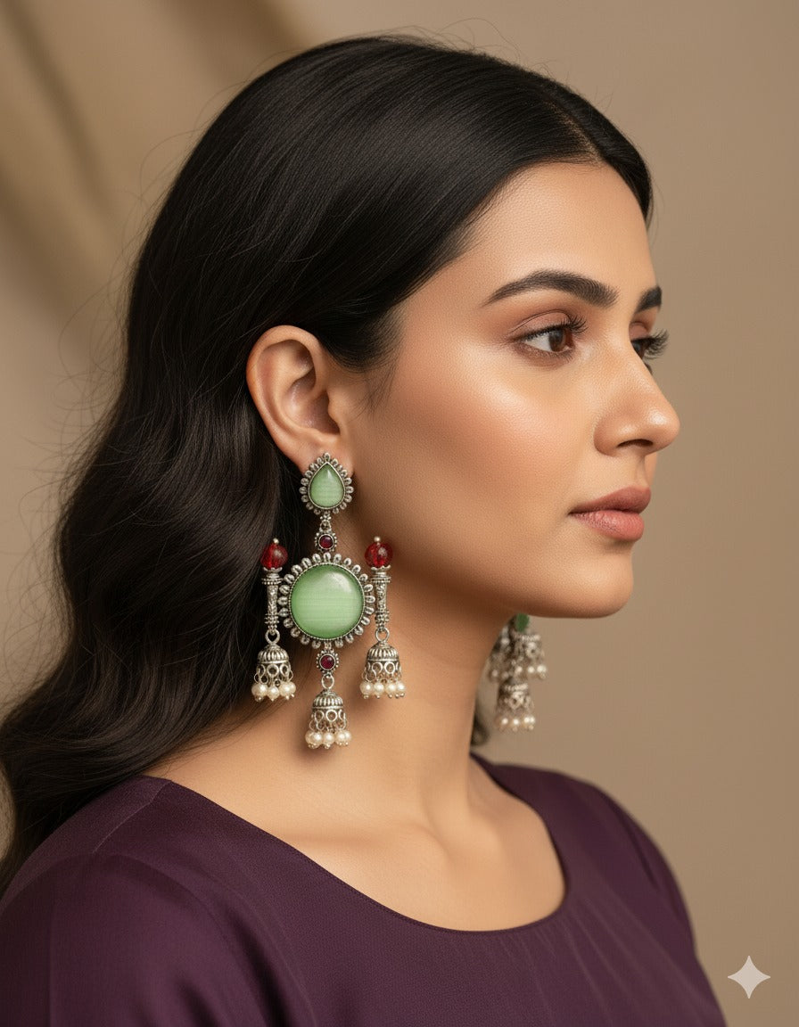 Antique Silver Green Stone & Red Bead Jhumka Earrings with Pearl Drops