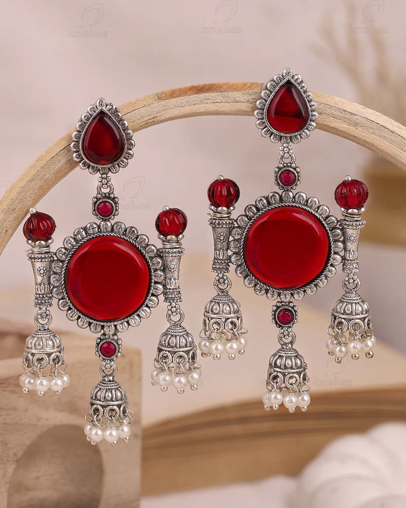 Antique Silver-Plated Red Stone Jhumka Earrings with Pearl Droplets