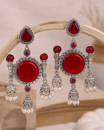 Antique Silver-Plated Red Stone Jhumka Earrings with Pearl Droplets