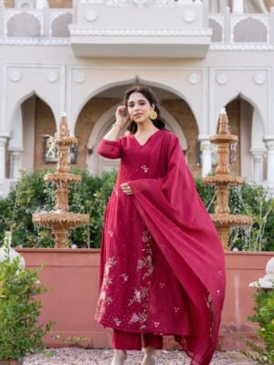 Mul Chanderi Crimson Red Floral Embroidered Kurta Set with Dupatta