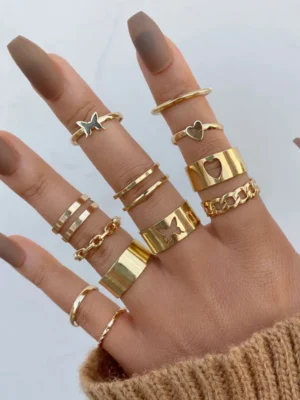 Gold-Tone Adjustable Ring Set – 11-Piece Statement Collection