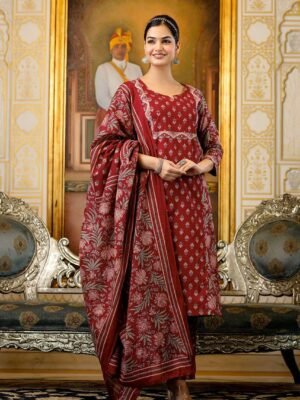 Maroon Handblock Printed Cotton Suit Set
